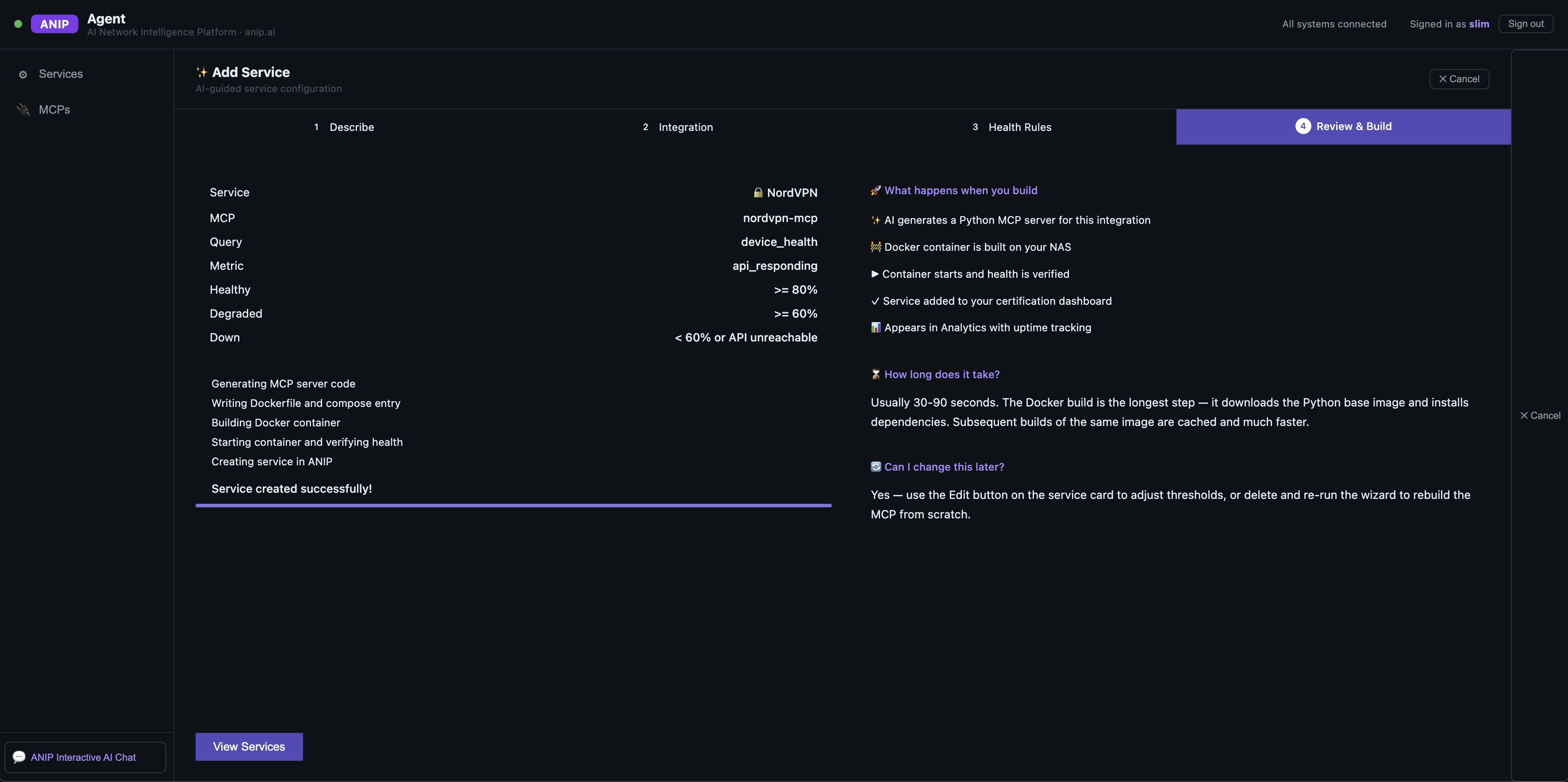 ANIP Agent services dashboard