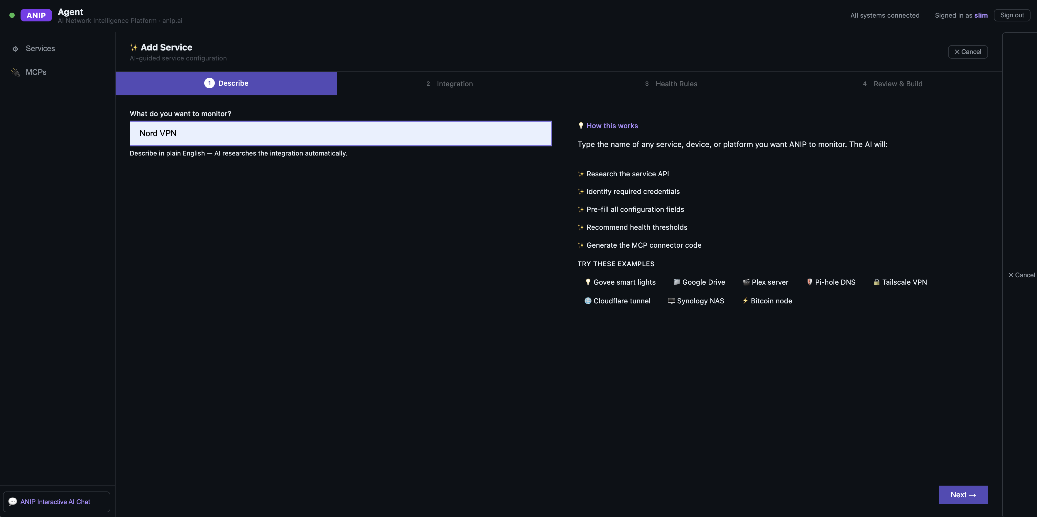 Service wizard integration step